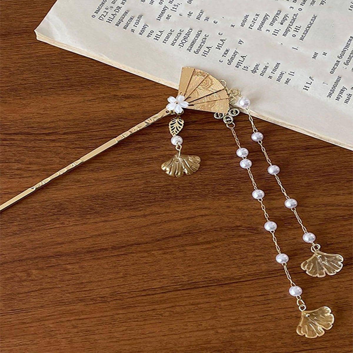 Chinese Style Hanfu Hairpin Folding Fan Fringe Headdress - view 4