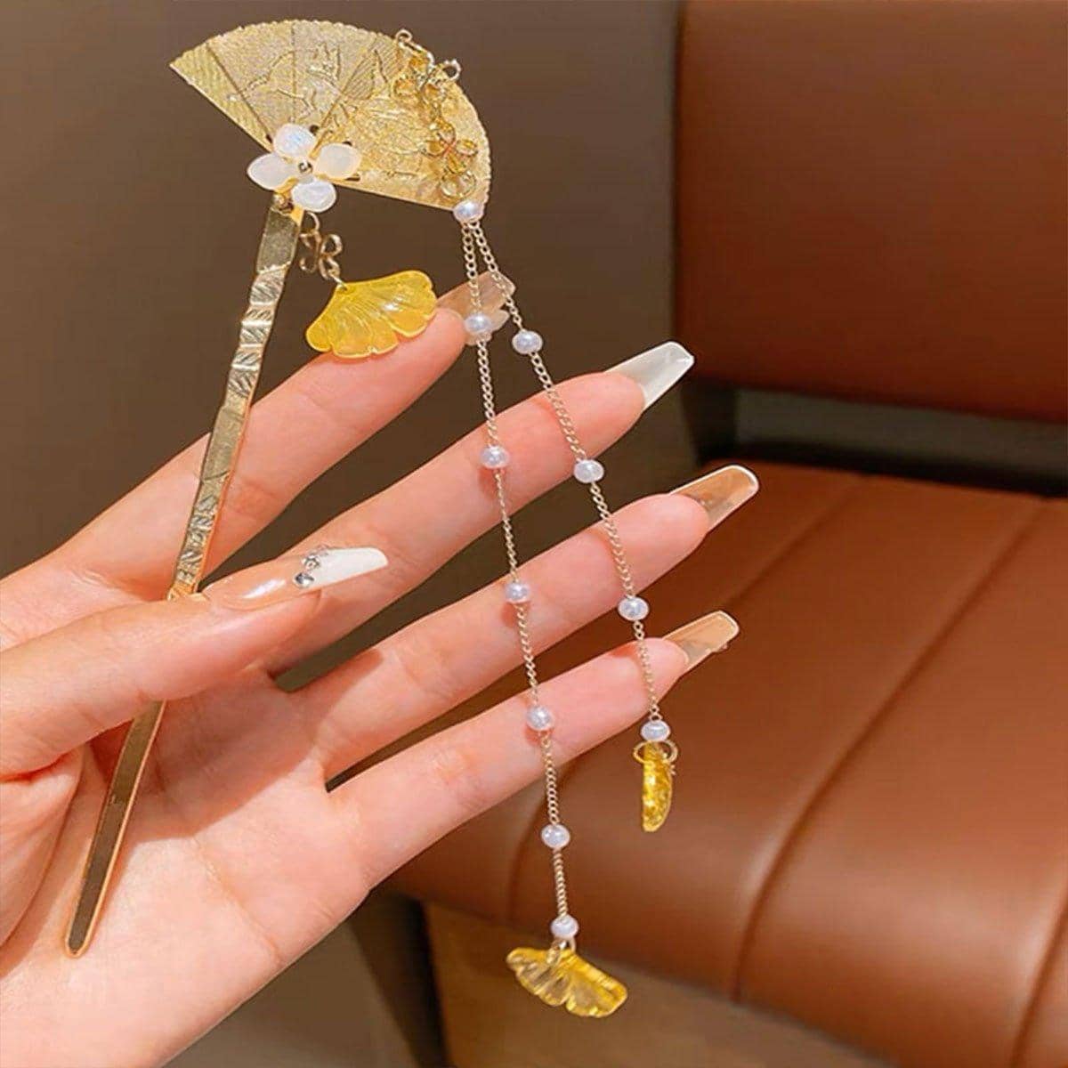 Chinese Style Hanfu Hairpin Folding Fan Fringe Headdress - view 5