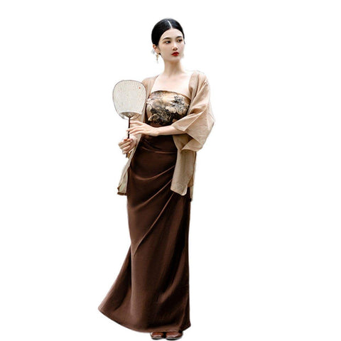 Chinese Style Hanfu Three Piece Suit, Vintage Bustier Skirt Set - Size L (Chest 92 cm)