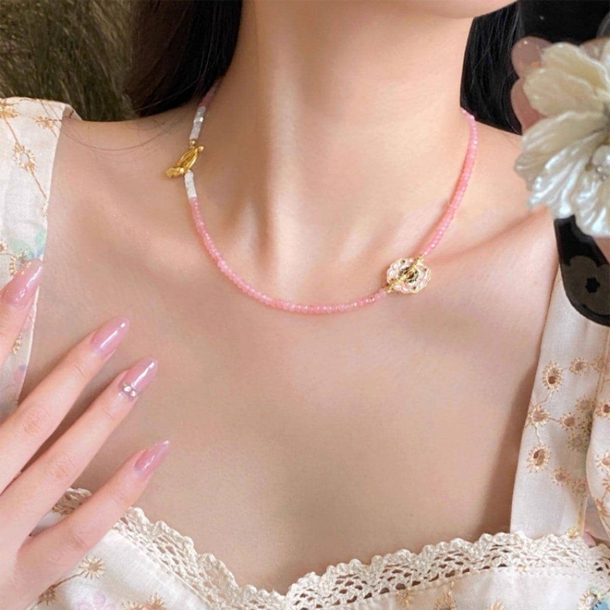 Chinese Style Pink Beaded Necklace - Flower Pendant - view 5