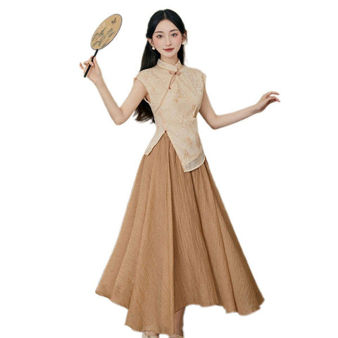 Chinese Style Sleeveless Two-Piece Summer Skirt Suit for Women - Size L (Chest 93 cm)