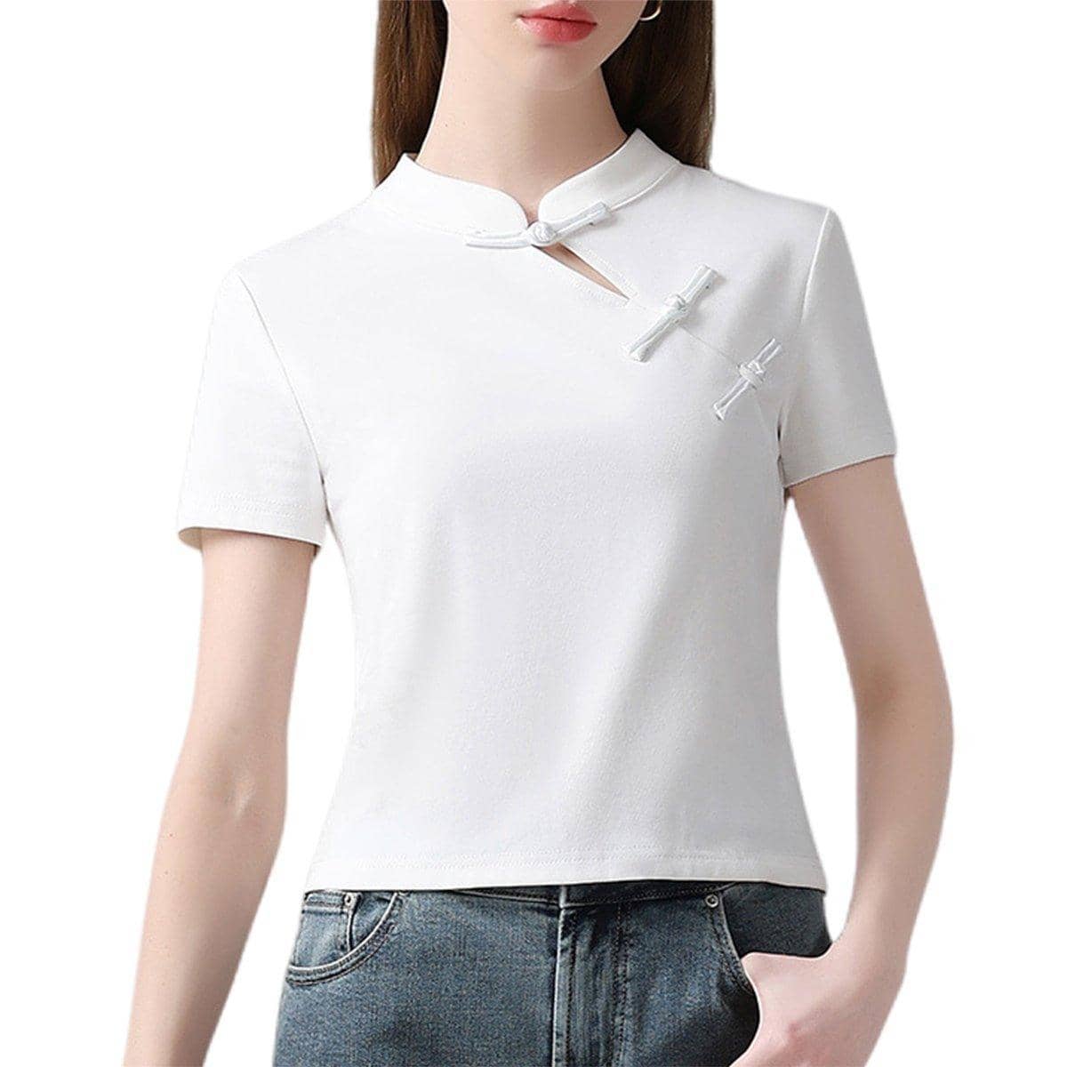 Chinese Style Stand Collar Short Sleeve Blouse for Women - White, 3XL (Chest 101 cm)