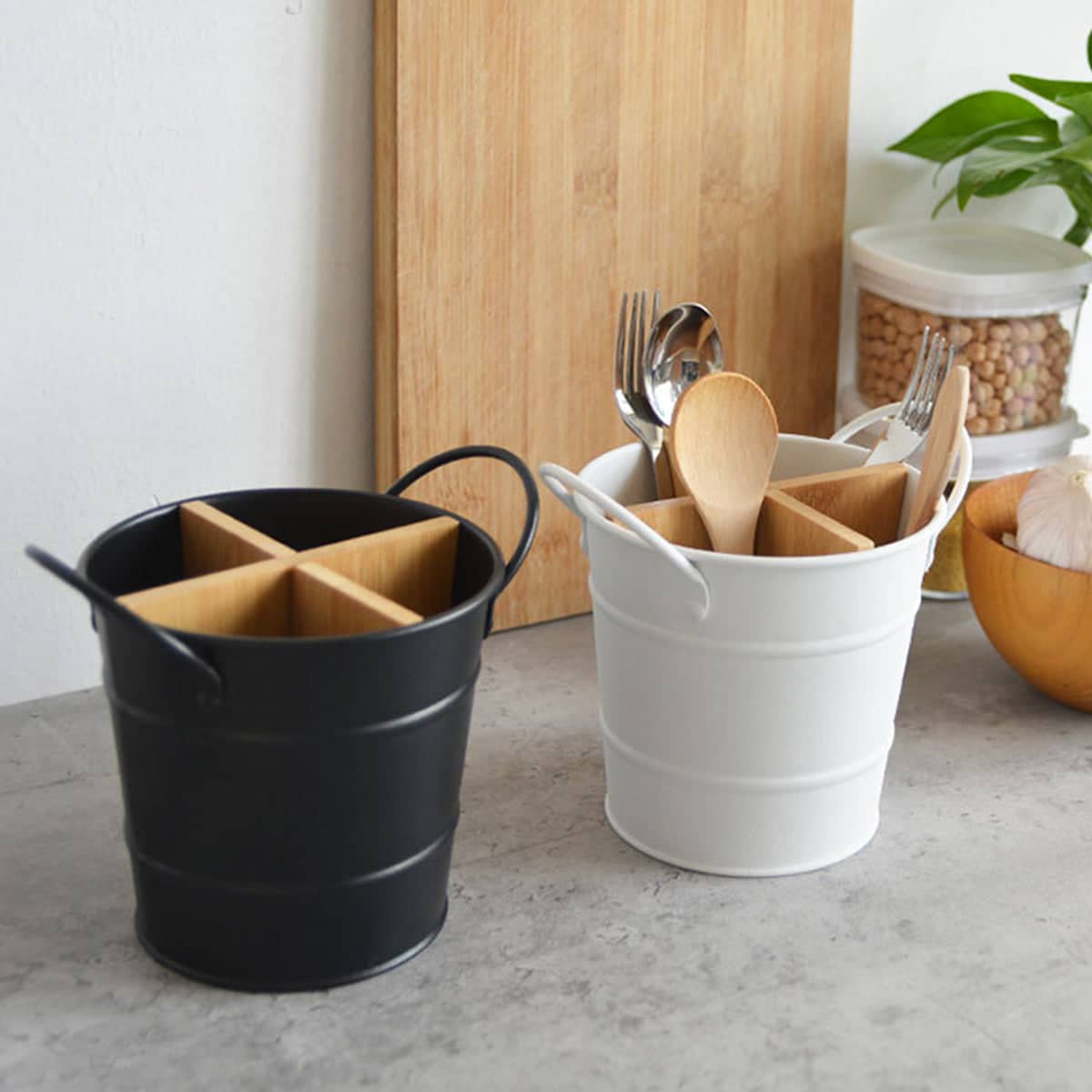 Chopstick and Utensil Holder Organiser with Bamboo Divider - White - view 5