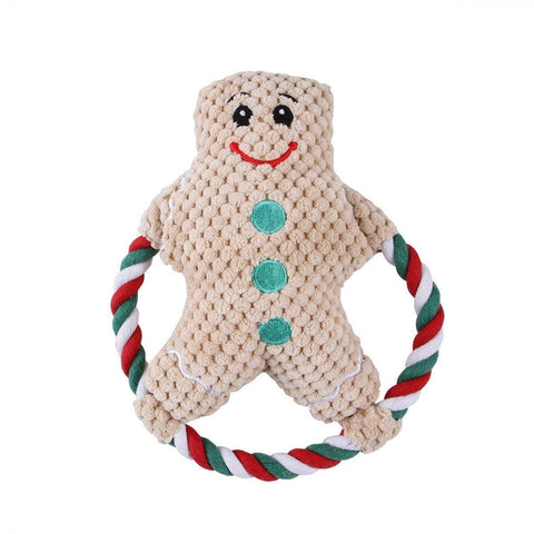 Christmas Plush Dog Toy with Rope Ring - Gingerbread Man