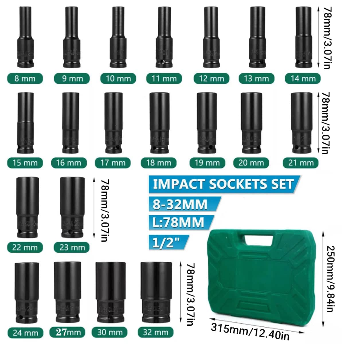 Chrome Vanadium Socket Set 20 Piece, 1/2 Inch (1.27 cm) Drive, 8mm to 32mm with Case - view 4