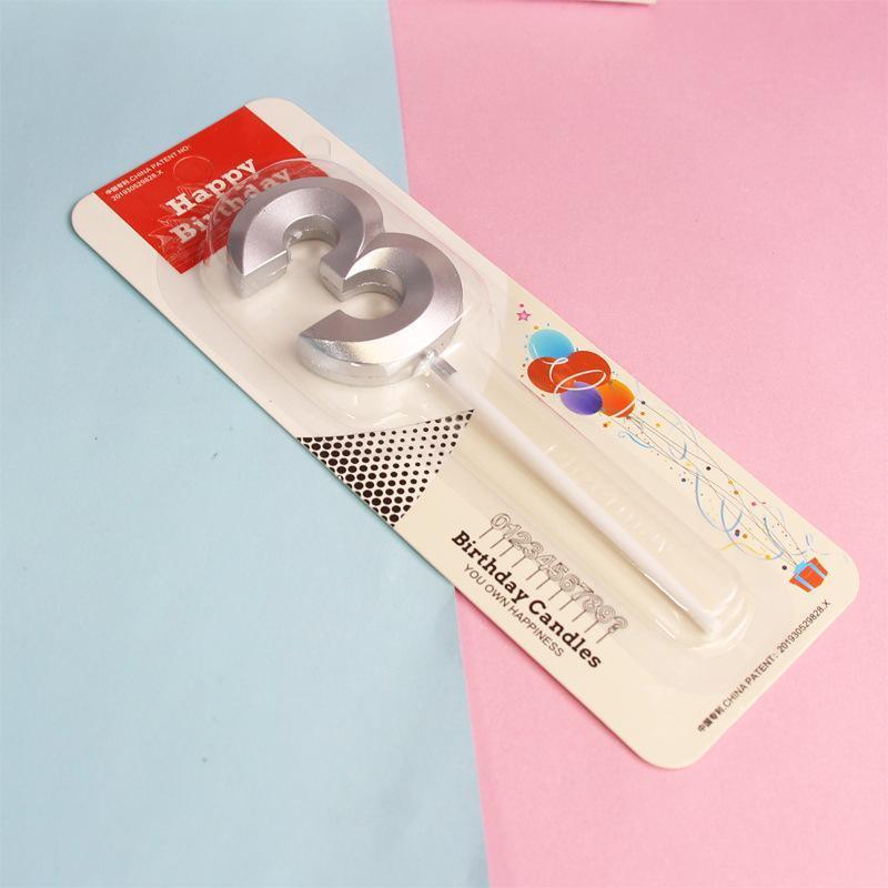 Classic Number 3 Birthday Candle with Stand - Silver