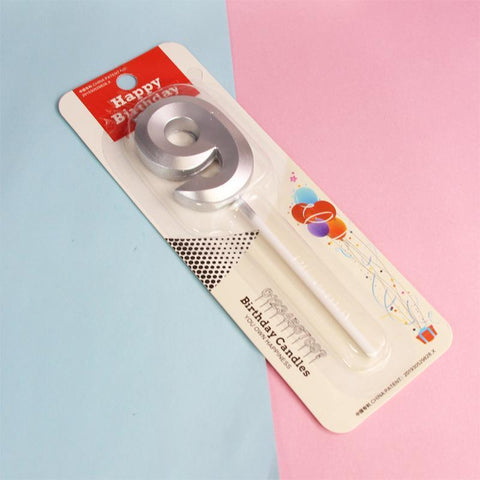 Classic Number 9 Birthday Candle with Stand - Silver