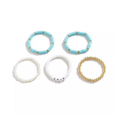 Clay Bead Bracelet Set with Faux Pearls, Set of 5 - Blue