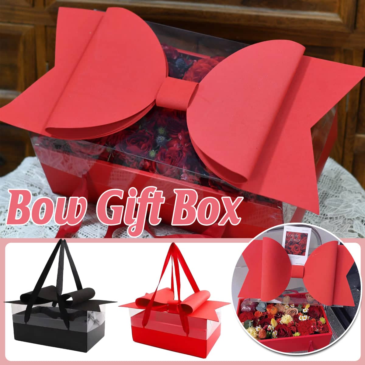 Clear Handheld Flower Gift Box with Bow - Black - view 2
