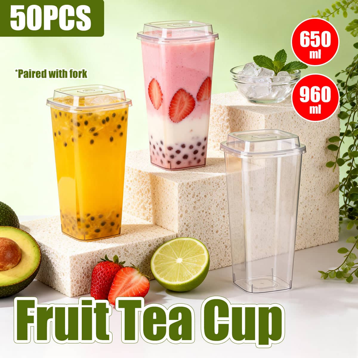 Clear Plastic Fruit Tea Cups with Lids and Forks - 650 ml, Pack of 50 - view 2