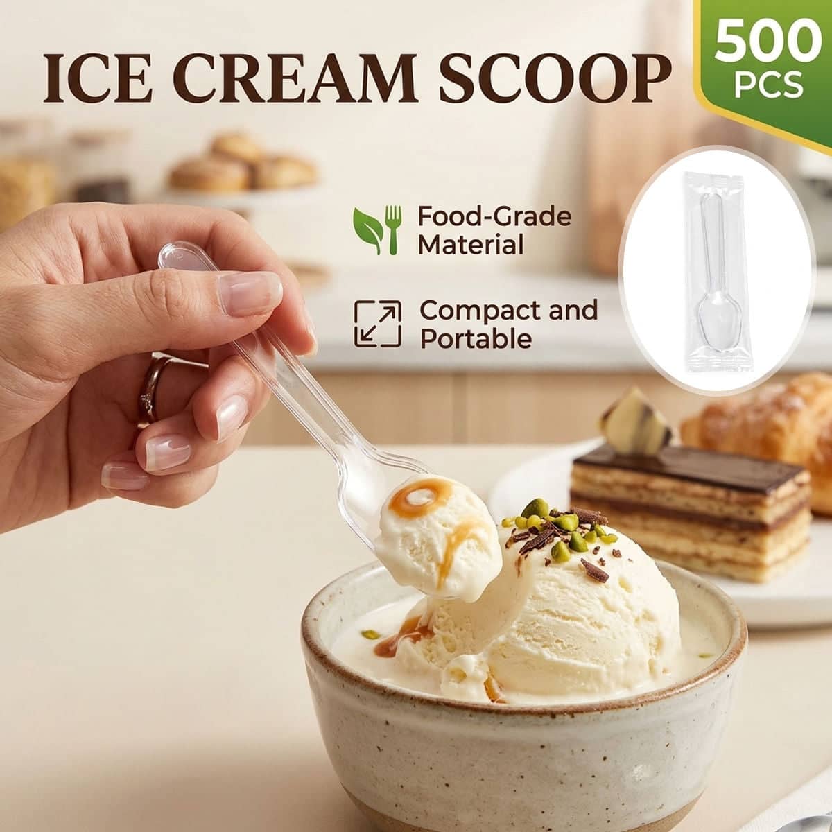 Clear Plastic Ice Cream Tasting Spoons, 500 Pack, Wrapped