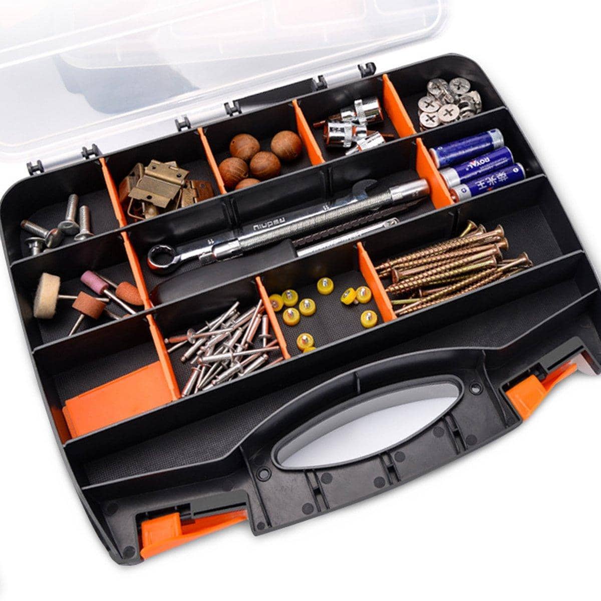 Clear Plastic Small Parts Organiser Box with Adjustable Compartments - 46 x 35 x 7.9 cm - view 5