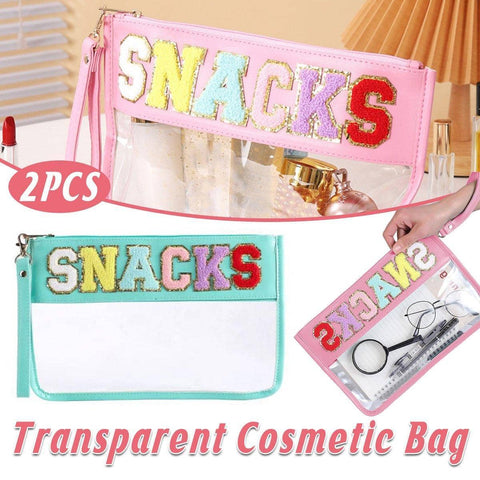 Clear PVC Cosmetic Bag with Embroidered Letters, Pack of 2, Pink and Mint Green