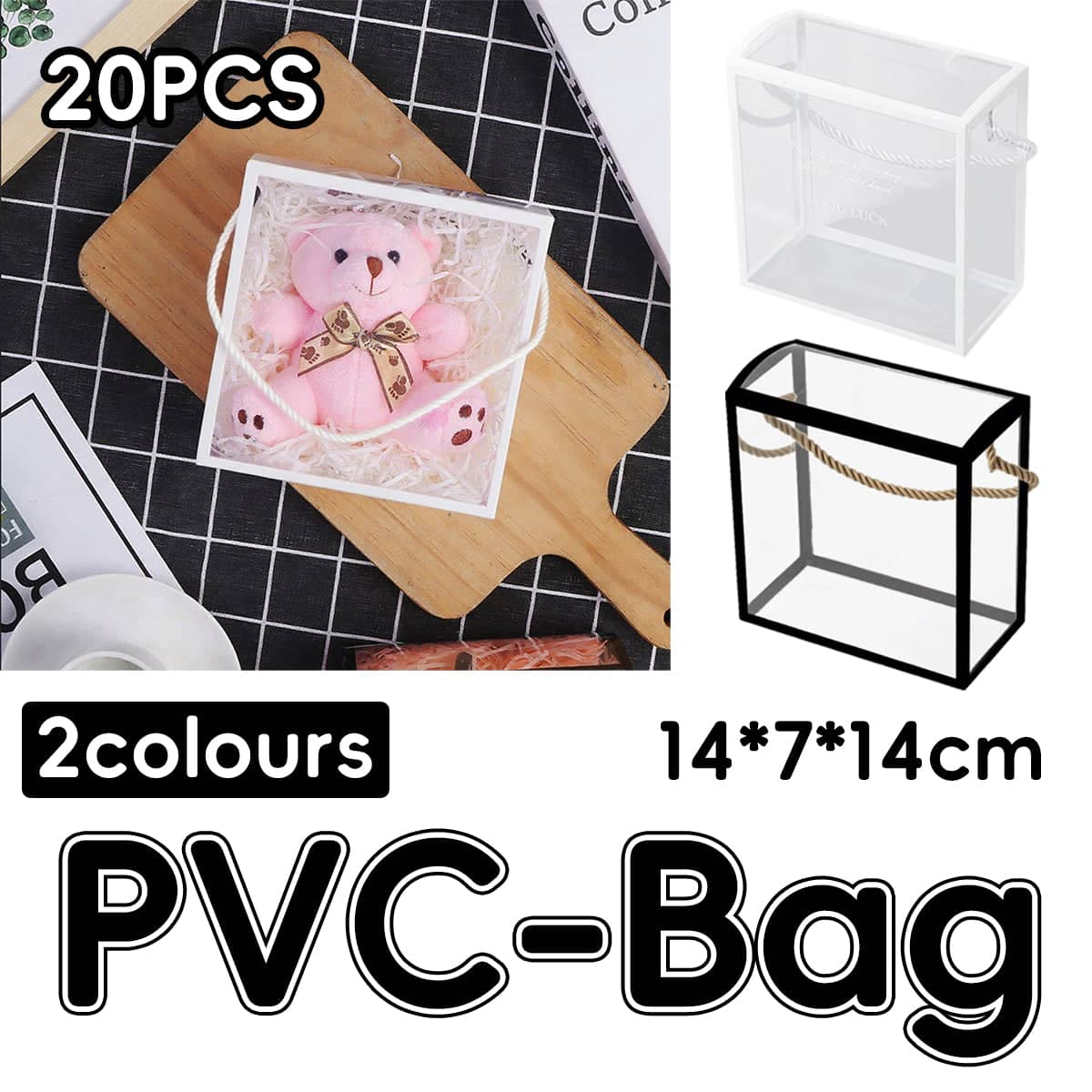 Clear PVC Handheld Gift Bags, Set of 20 for Birthdays and Christmas - Black - view 2