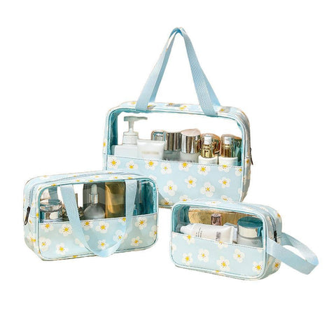 Clear Waterproof PVC Makeup Travel Bag Set, Pack of 3 - Blue