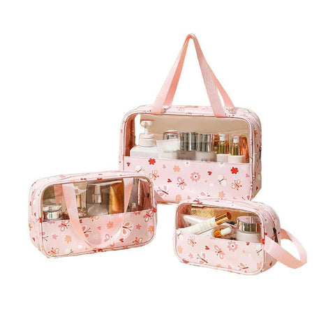 Clear Waterproof PVC Makeup Travel Bag Set, Pack of 3 - Pink