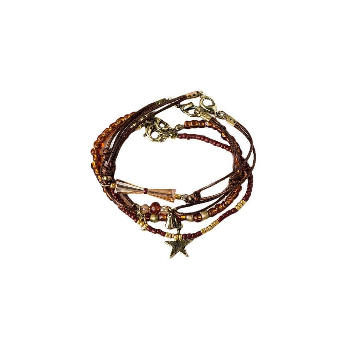 Coffee Brown Vintage Braided Rope Beaded Bracelet with Star Charm - view 2