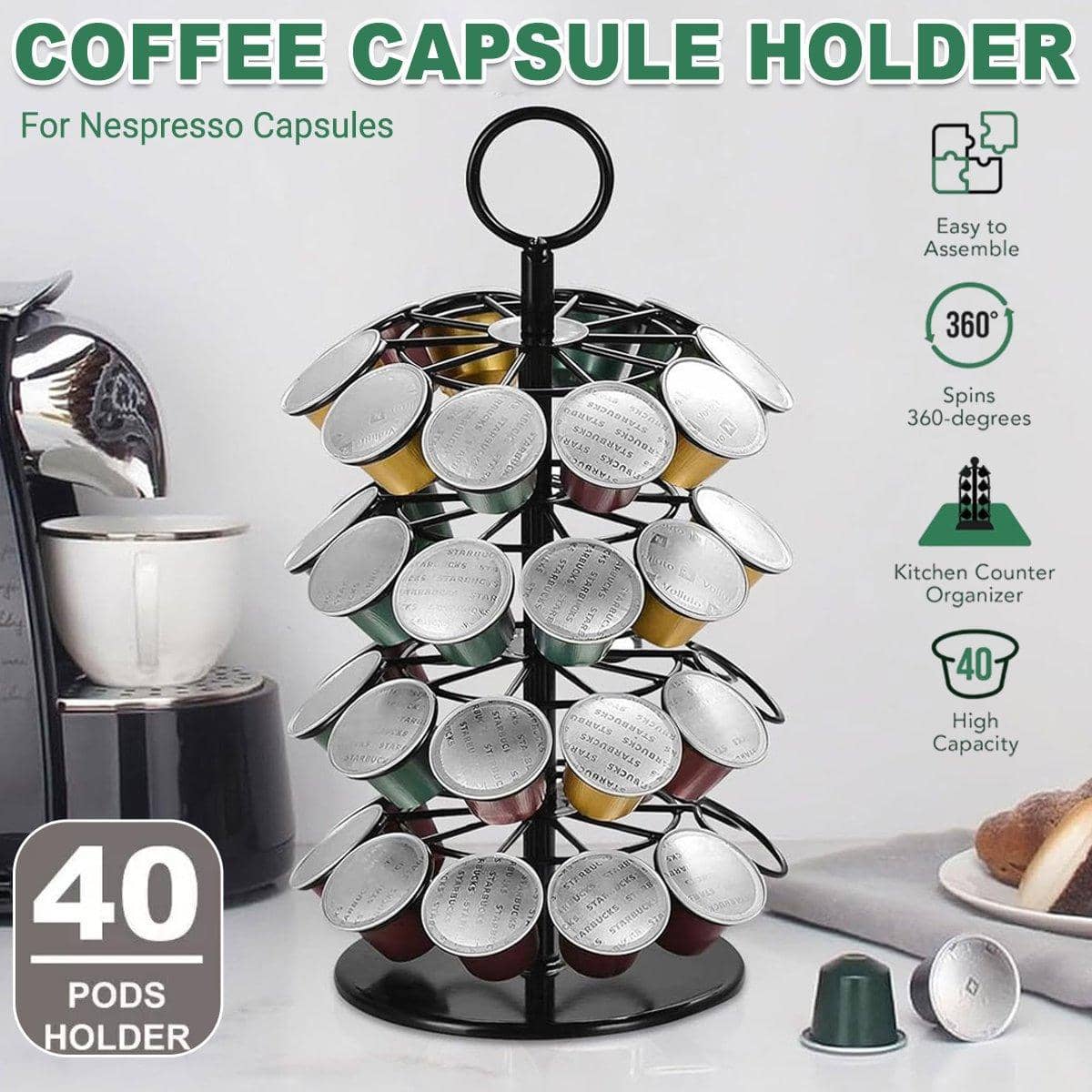 Coffee Capsule Organiser, 360 Degree Rotating Rack - Holds 40 Pods