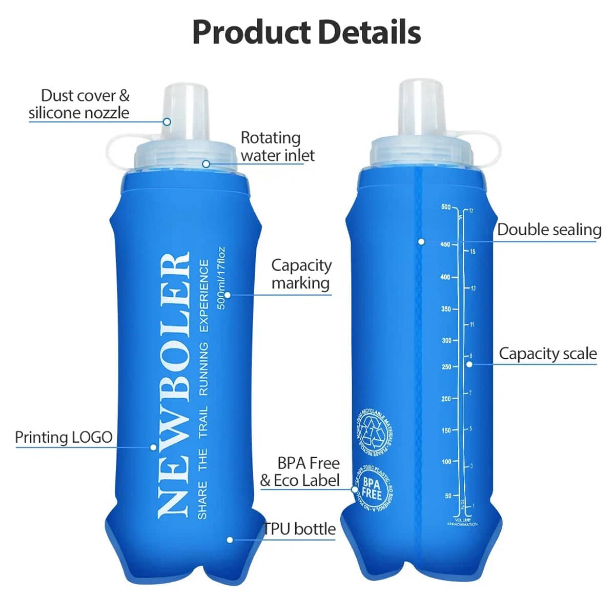 Collapsible Soft Water Bottle, 500ml BPA-Free TPU, Blue - view 5