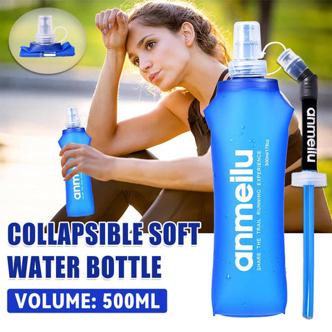 Collapsible Water Bottle 500 ml Foldable Soft TPU with Straw for Running and Hiking