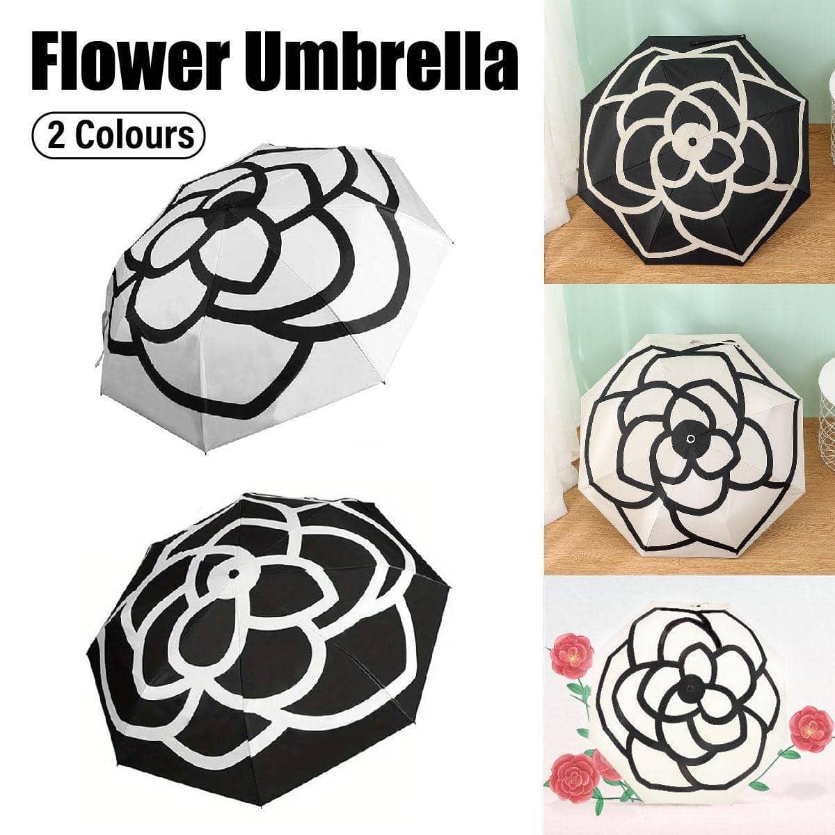 Compact Folding Umbrella with UV Protection and Camellia Print - Black - view 2