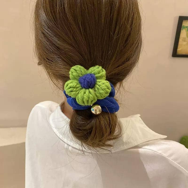 Corduroy Flower Hair Scrunchie Ponytail Holder - Pink Flower on Royal Blue - view 5