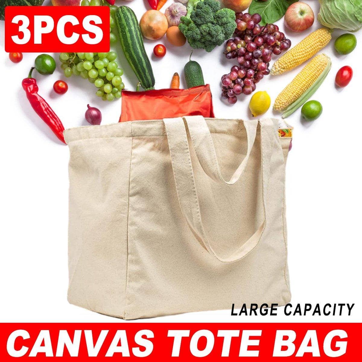 Cotton Canvas Tote Bag Set, Pack of 3, 38 x 25 x 36 cm
