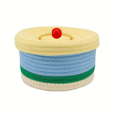 Cotton Rope Storage Basket with Lid - Beige and Blue
