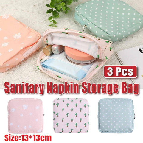 Cotton Sanitary Napkin Storage Pouch, Pack of 3 with Leaf, Cactus and Dot Designs