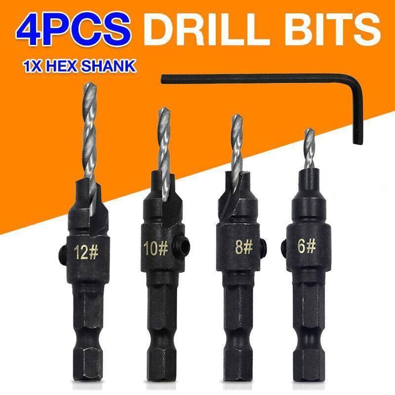 Countersink Drill Bit Set, 4 Pack - No. 6 to No. 12, Hex Shank
