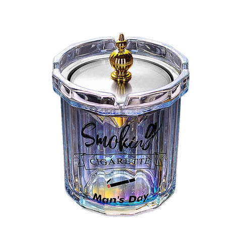 Covered Stainless Steel Ashtray with Anti-Ash Funnel and Glass Body - Iridescent