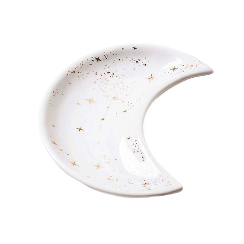 Crescent Moon Ceramic Jewellery Dish and Decorative Plate - White with Rose Gold Stars