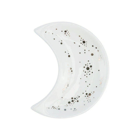 Crescent Moon Ceramic Jewellery Dish and Decorative Plate - White with Silver Dots