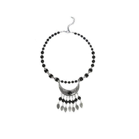 Crescent Moon Pendant Beaded Necklace - Black