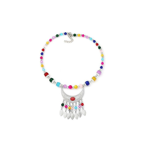 Crescent Moon Pendant Beaded Necklace - Multicolour