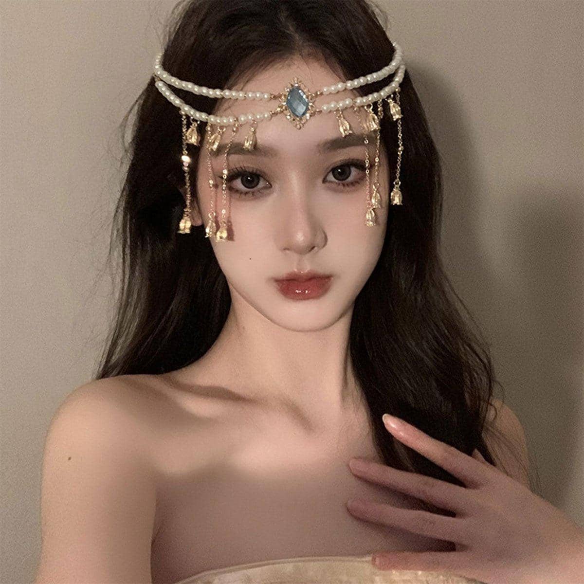 Crystal Tassel Forehead Head Chain - Frontlet, Antique Gold-Tone - view 5