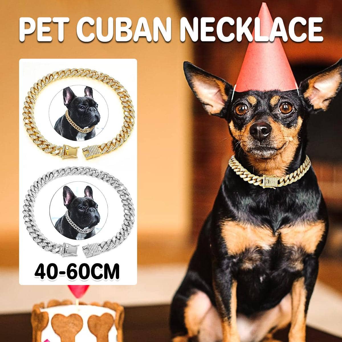 Cuban Chain Dog Collar with Artificial Diamonds - Gold, 50 cm (20 Inch) - view 2