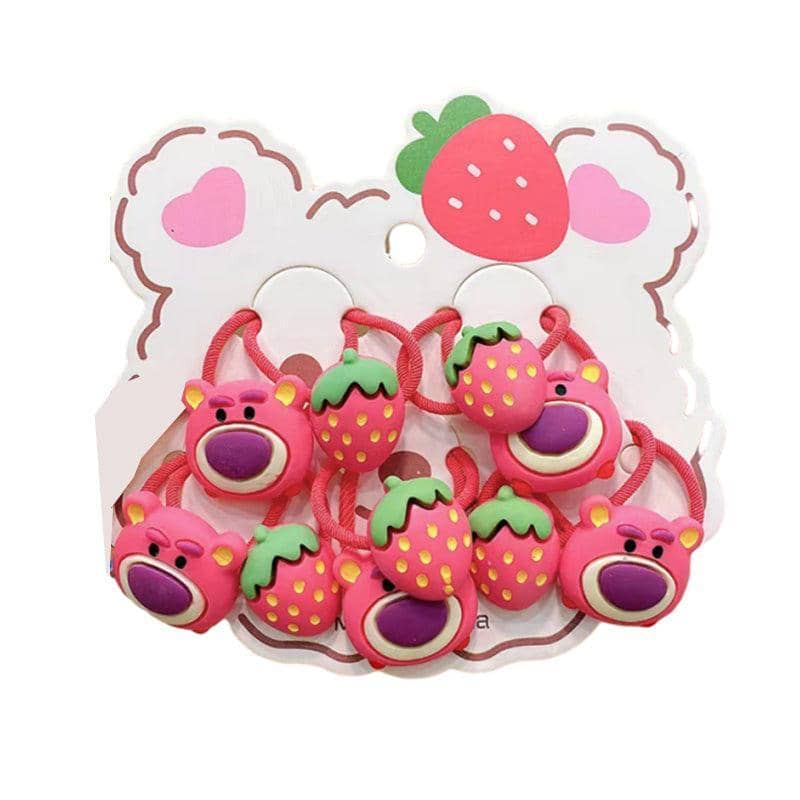 Cute Charm Hair Ties Set - Pink Bear Faces and Strawberries, Style 1