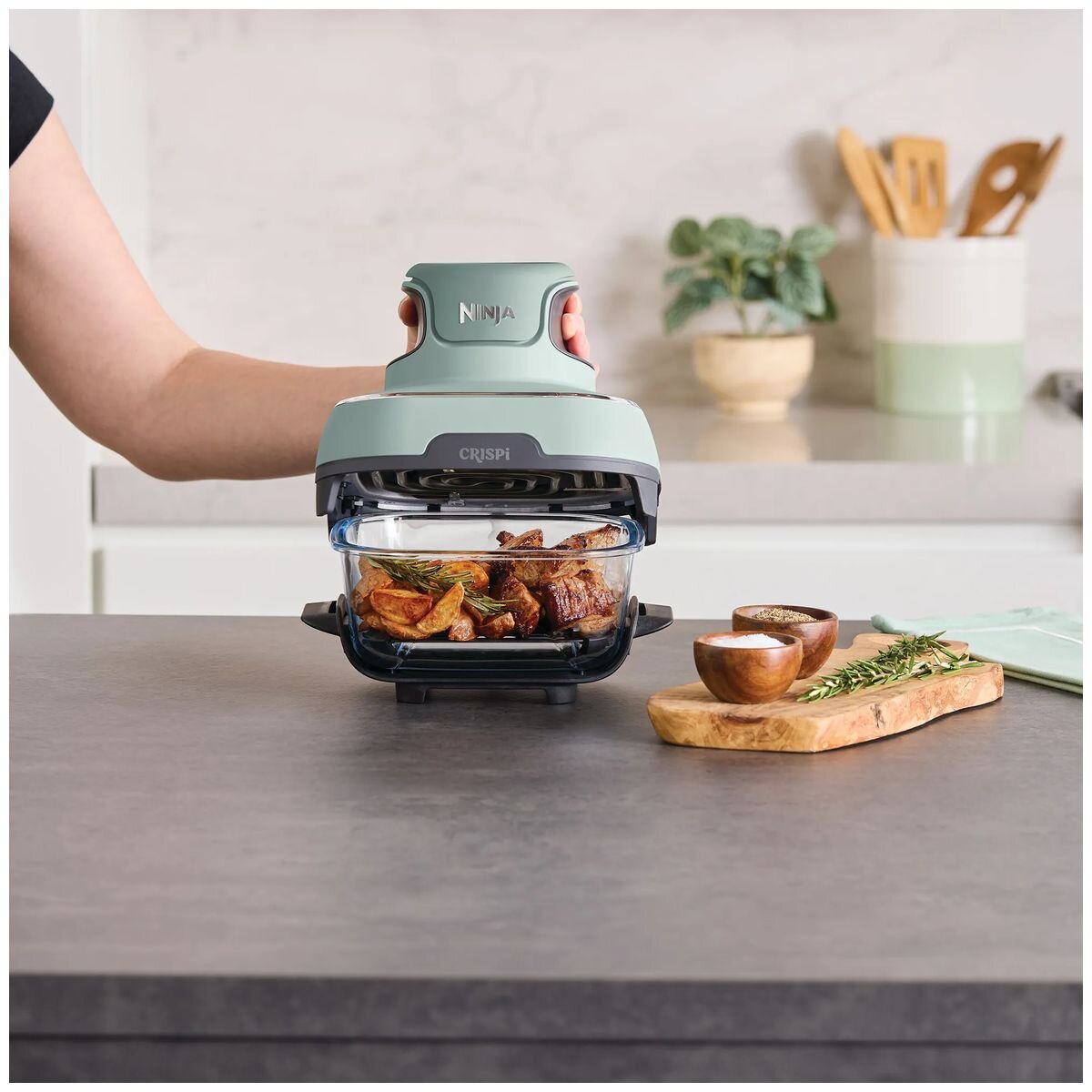 Ninja Crispi 4-in-1 Portable Glass Air Fryer - Sage Green Finish, Glass Bowl, Compact Size - FN101SG