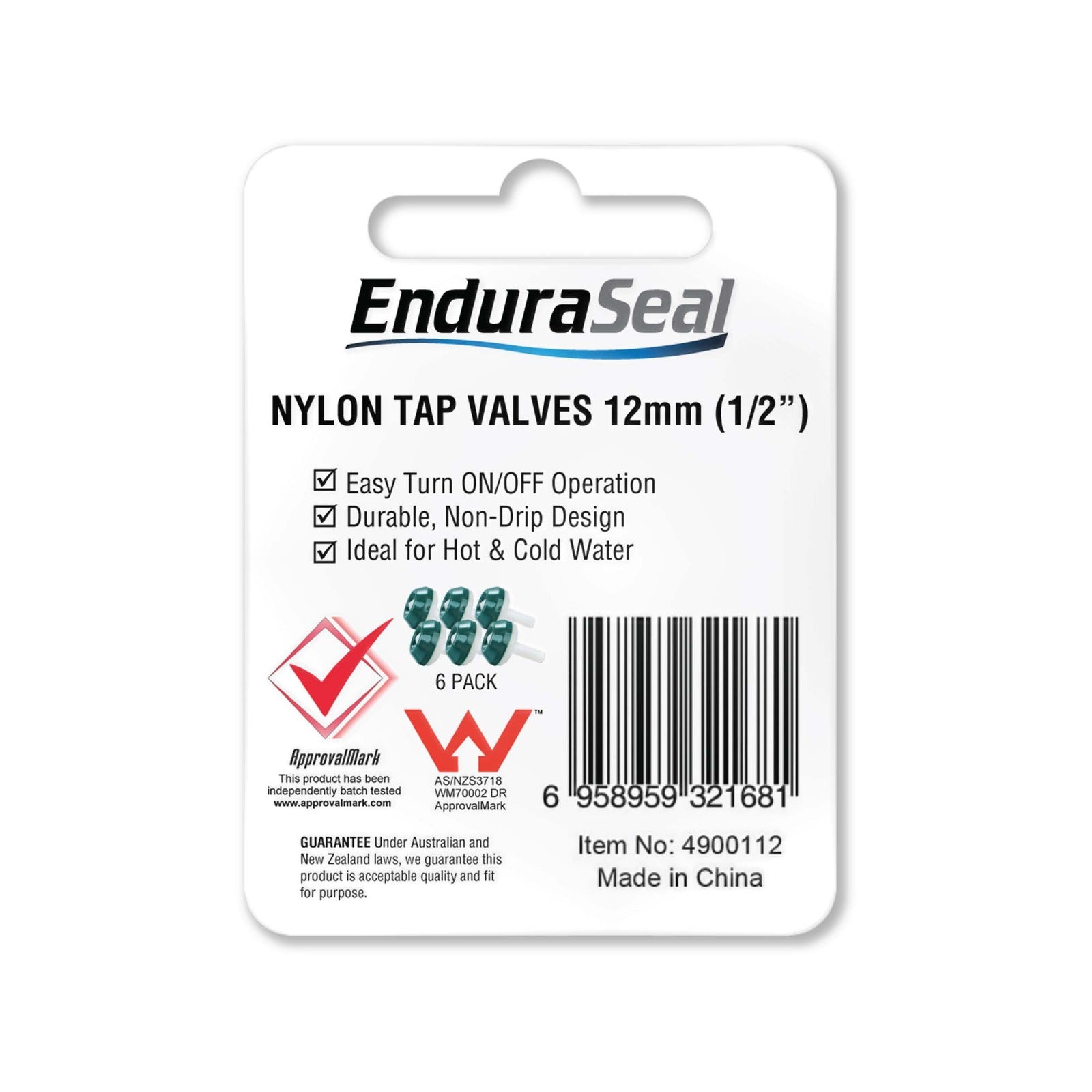 EnduraSeal 12mm Nylon Tap Valves 6 Pack - Hot and Cold Water