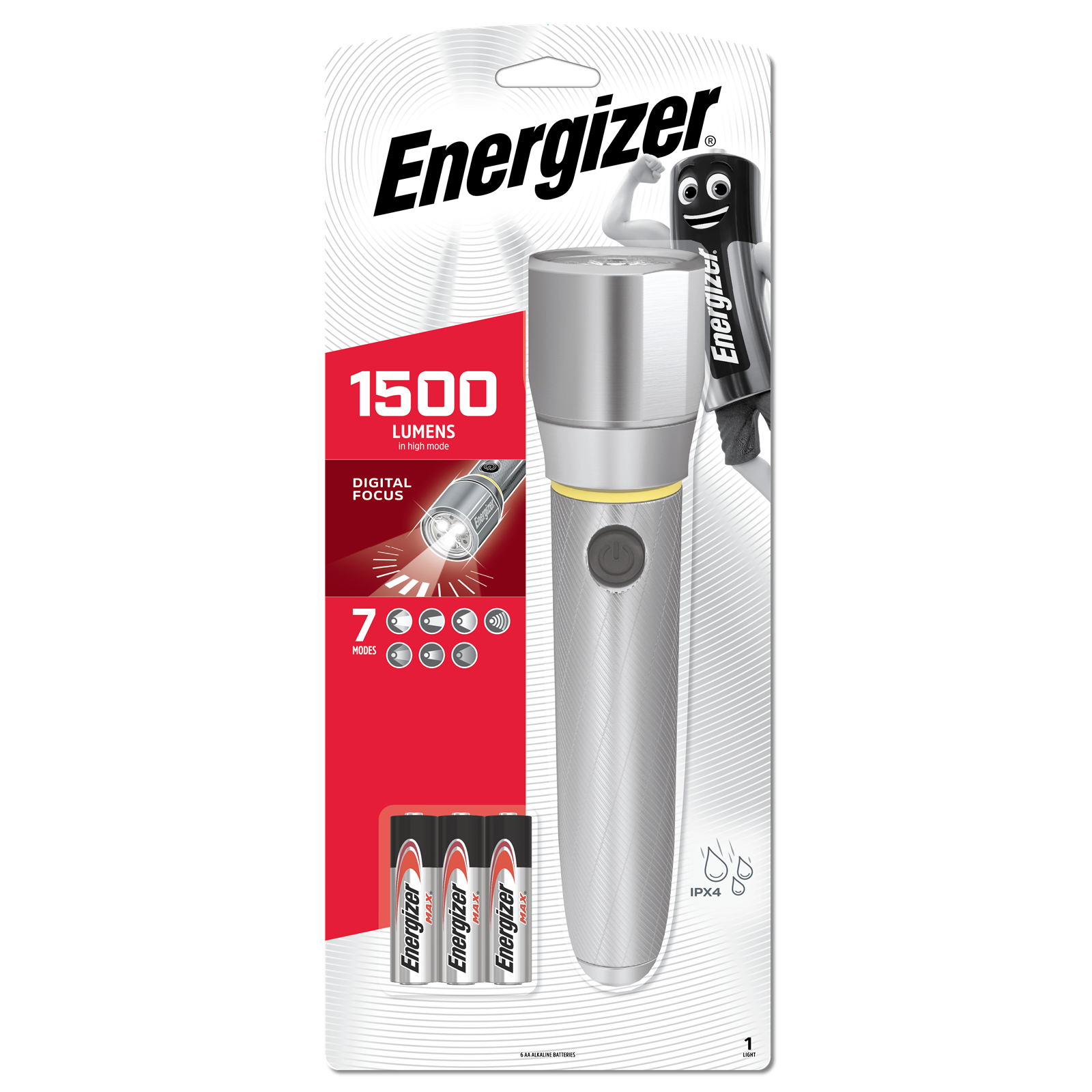 Energizer Vision HD 1500 Lumen Metal LED Torch, 230m Beam, Digital Focus & Strobe, Silver (PMHH61)