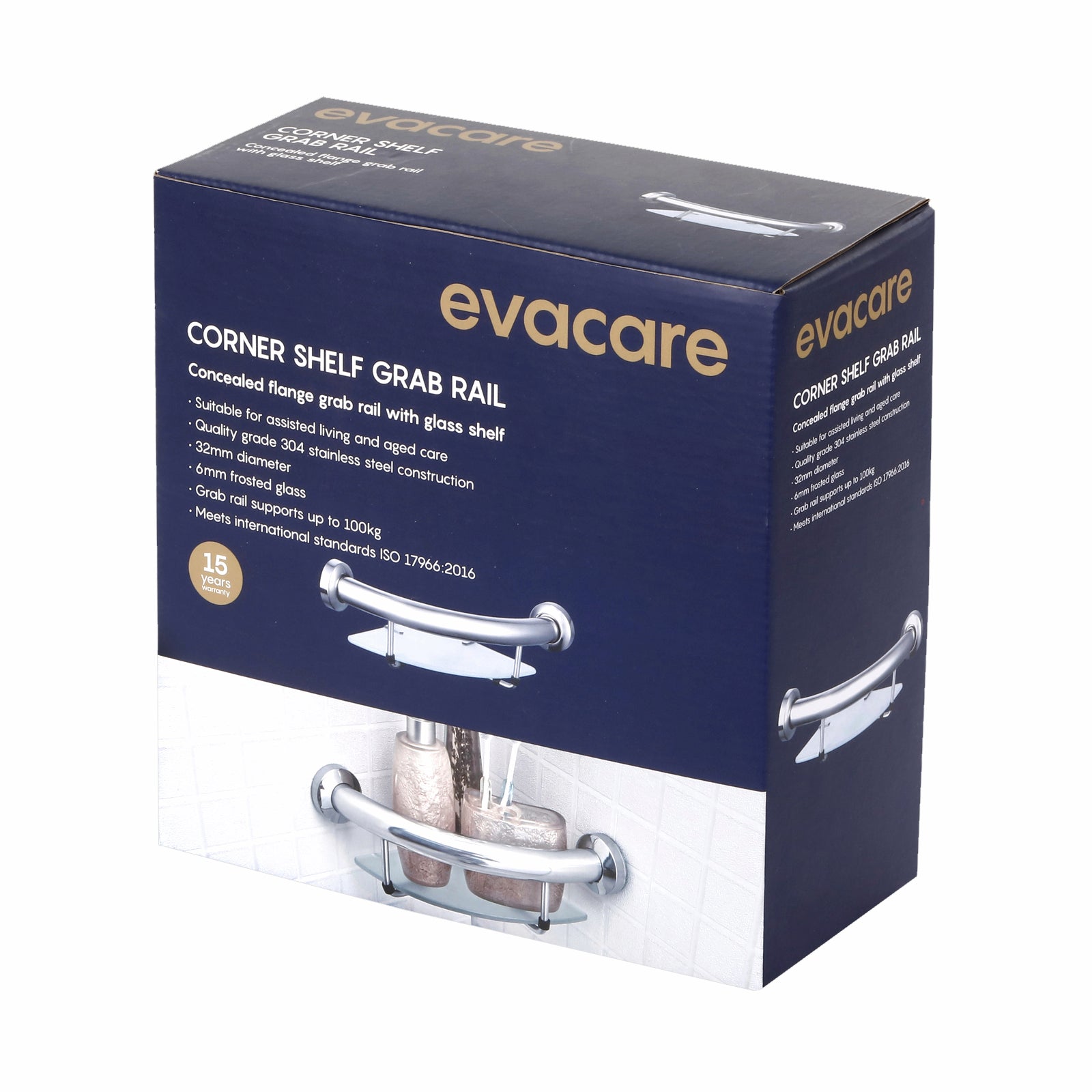 evekare Corner Shelf with Grab Rail - 260mm Stainless Steel & Glass 110kg