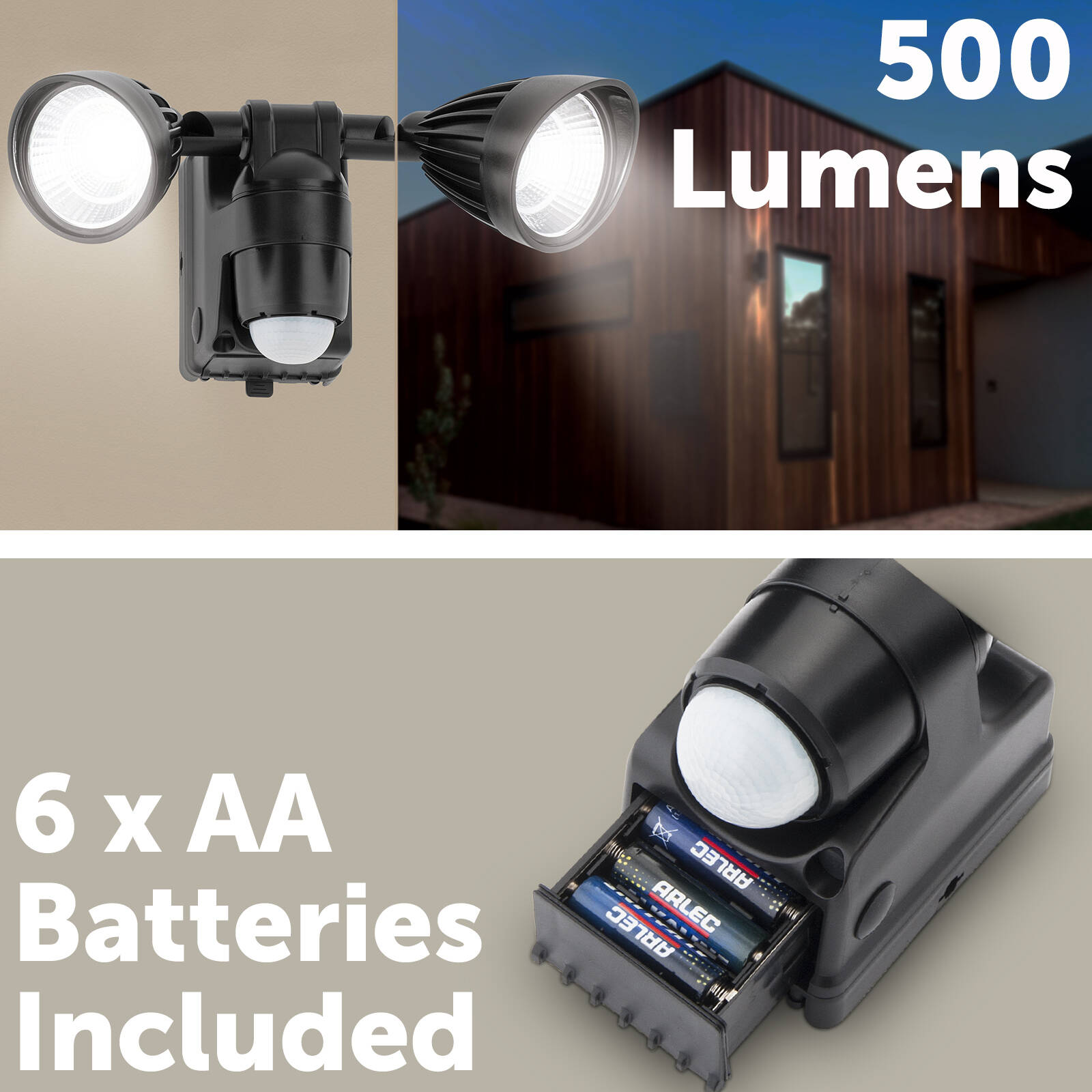 Arlec 6.5W LED Spotlight with Motion Sensor, Twin Head, Battery Operated, Black (MAL634)