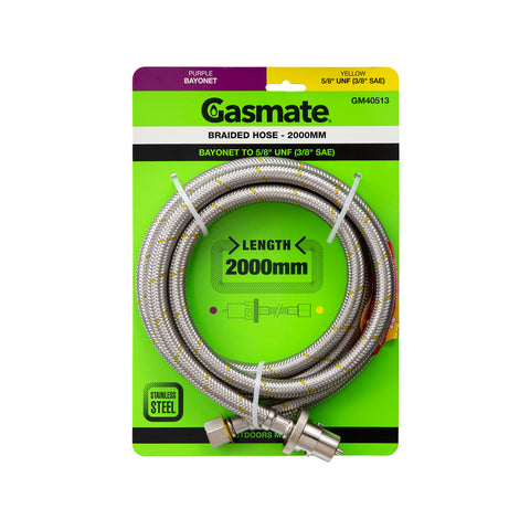 Gasmate Braided Hose 2000mm Bayonet to 5/8" UNF (3/8" SAE) Push Connect