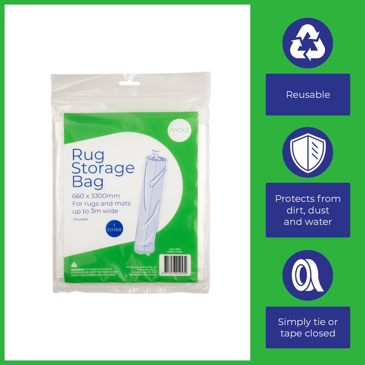 Packz Rug Storage Bag - 660 x 3300mm - Clear - Reusable - Protects from Dirt, Dust, Water - SuperSaverAU - view 5