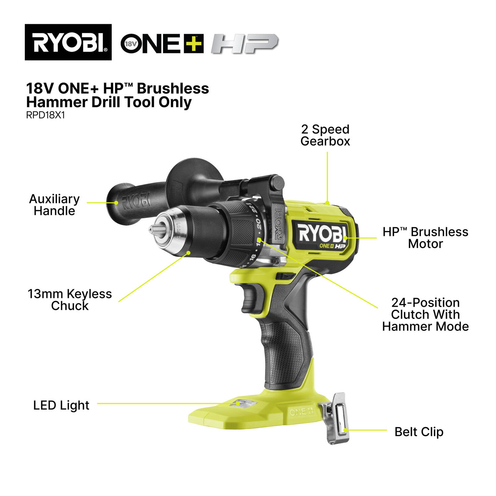 Ryobi 18V ONE+ HP Brushless High Torque Hammer Drill Tool Only RPD18X1