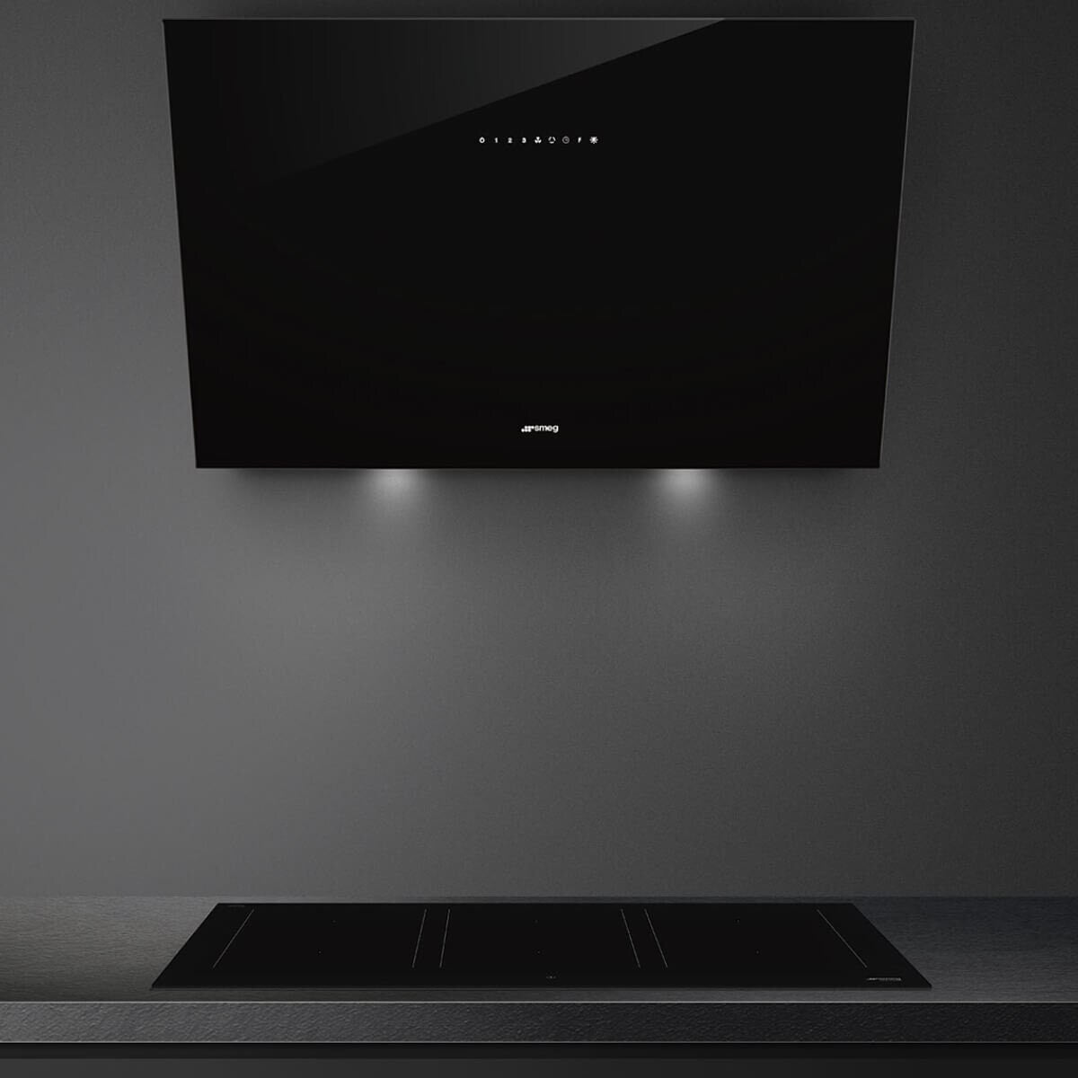 Smeg 90cm Angled Wall Mount Rangehood - Black, 729m³/h, Autovent 2.0, Touch Controls - KV394N