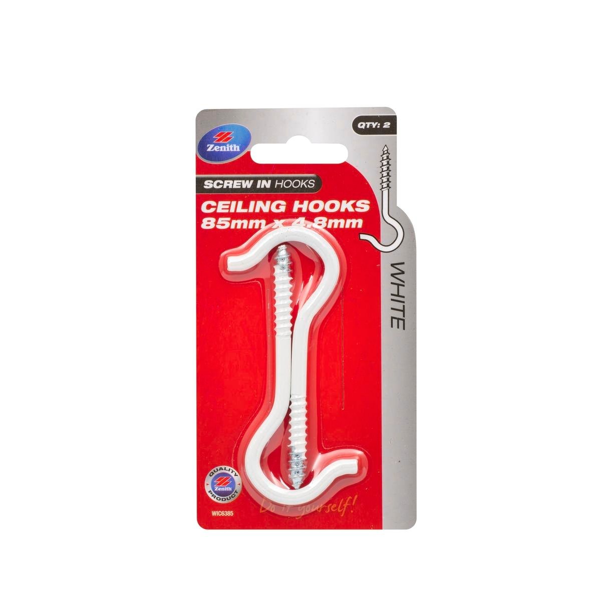 Zenith 85 x 4.8mm White Powder Coated Ceiling Screw Hook - 2 Pack