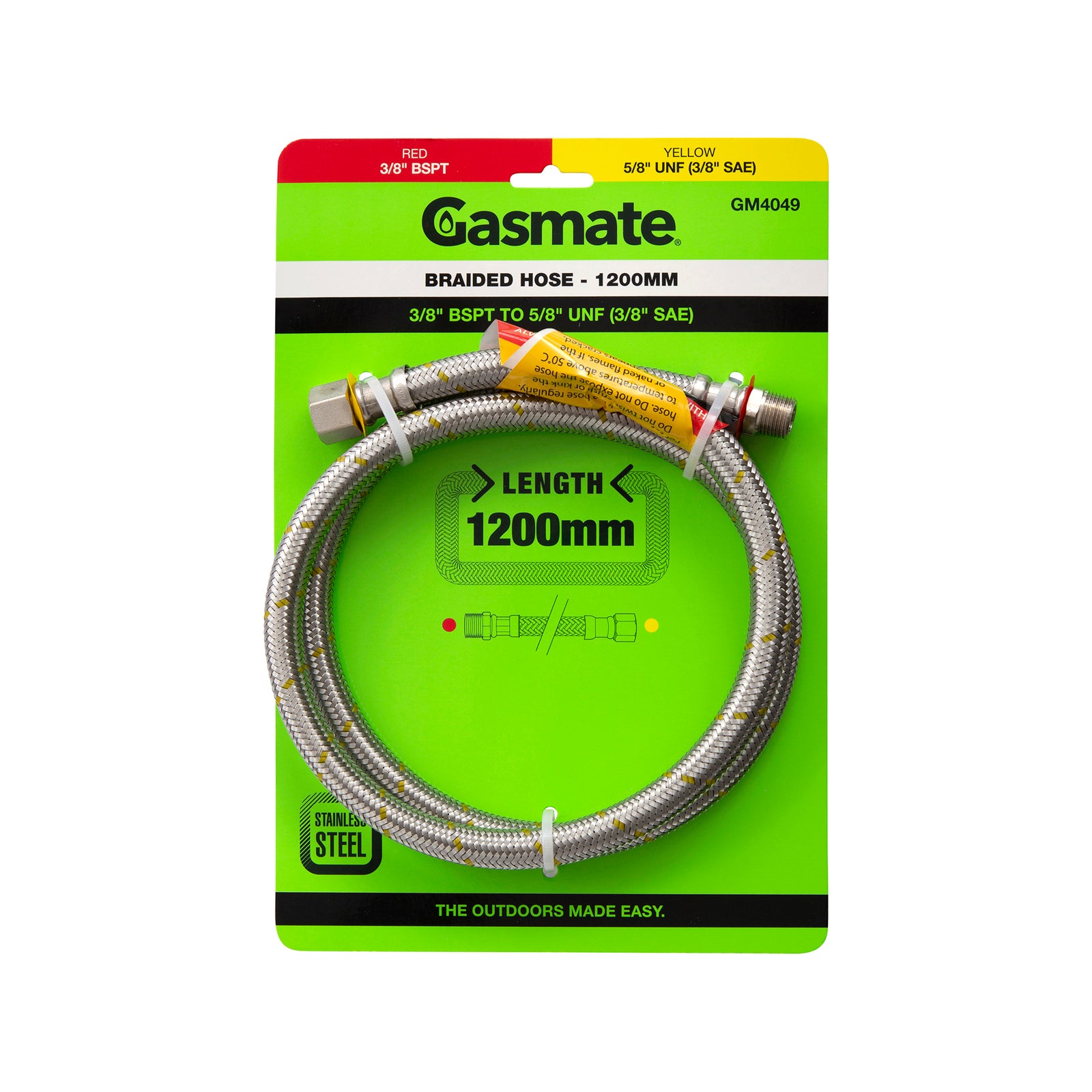 Gasmate 1200mm 3/8" BSPT to 5/8" UNF (3/8" SAE) Braided Gas Hose