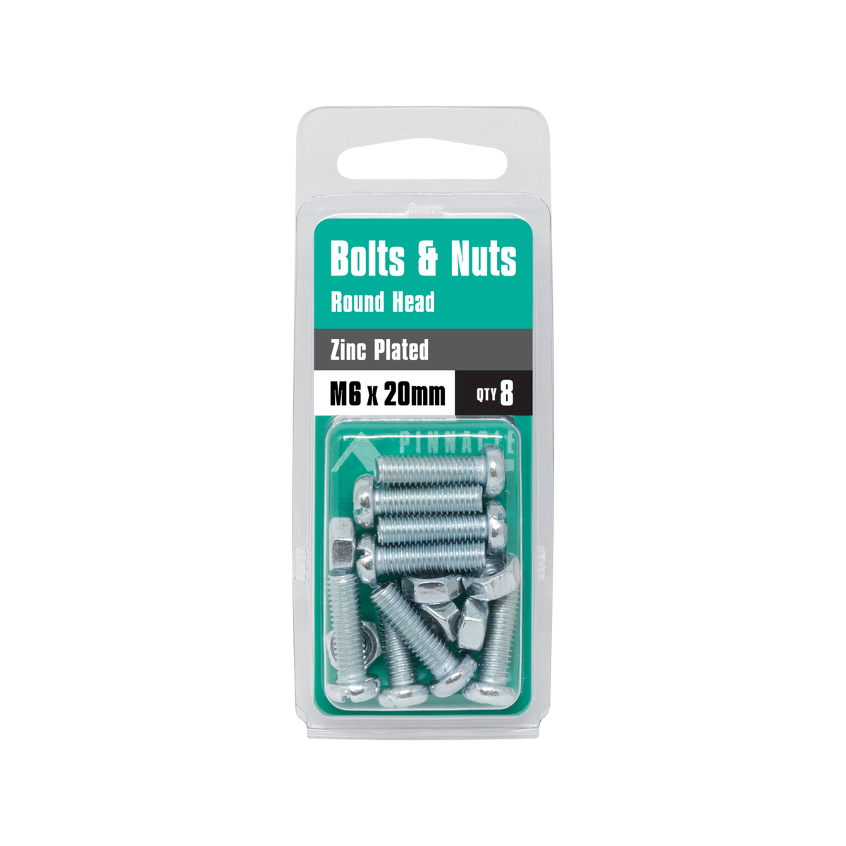 Pinnacle M6 x 20mm Zinc Plated Round Head Bolts and Nuts - 8 Pack